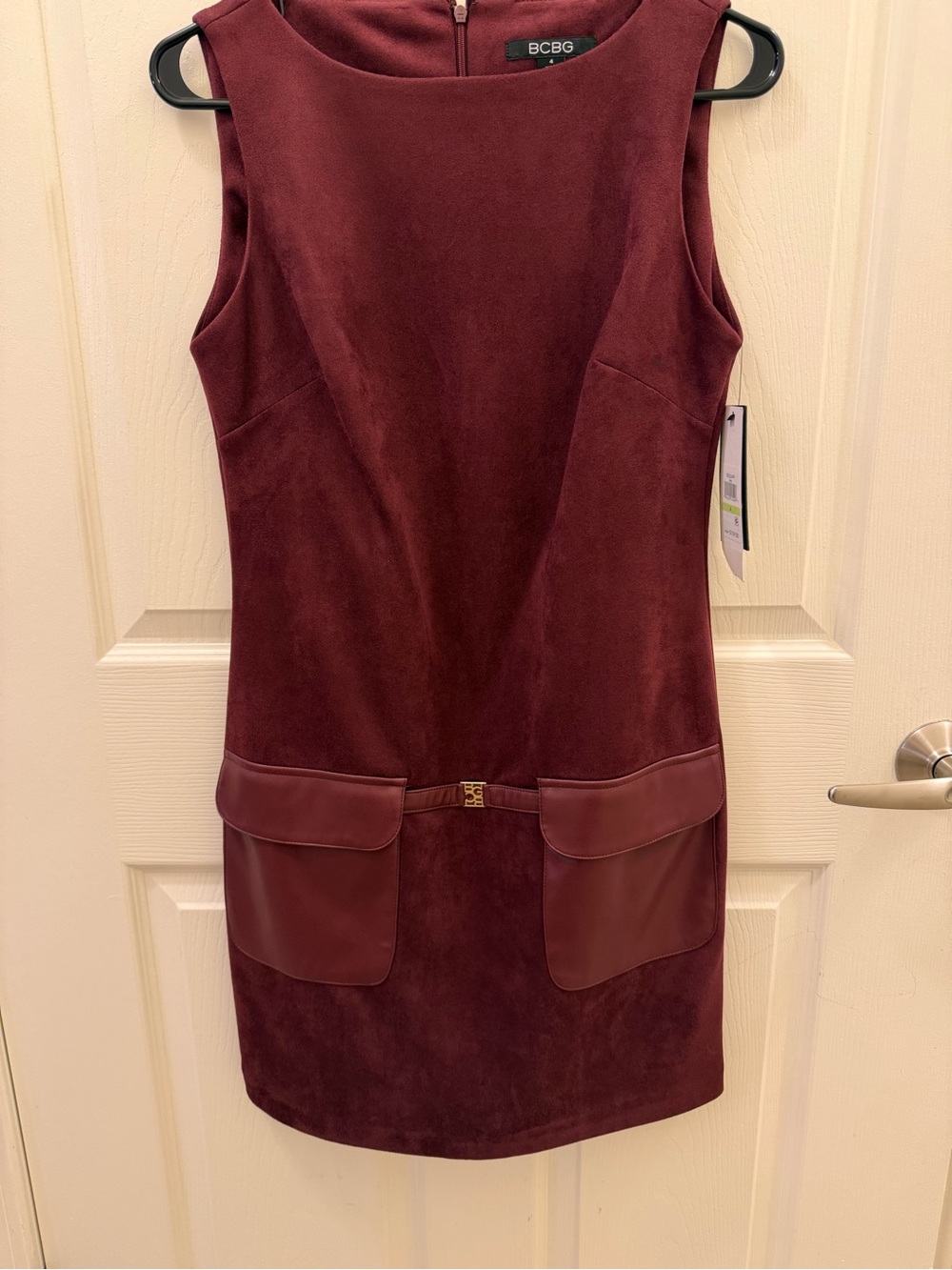 BCBG Wine Sleeveless Suede Mini Dress with Leather Trim